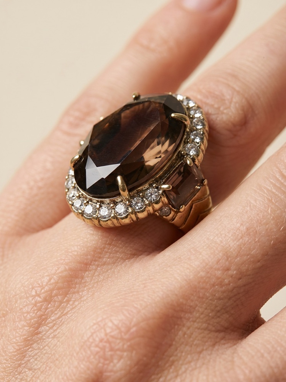 Gold Ring with Smoky Brown Gemstone and Clear Halo
